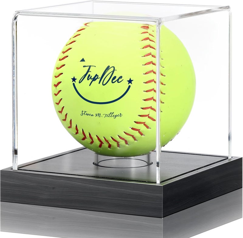 JupDec Softball Display Case Clear Acrylic Ball Holder, UV Protected Cube with Wood Base Stand, Championship Sports Collections Box Showcase, Black - Image 1